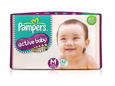 Pampers Medium Active Baby Diapers (Pack of 62)